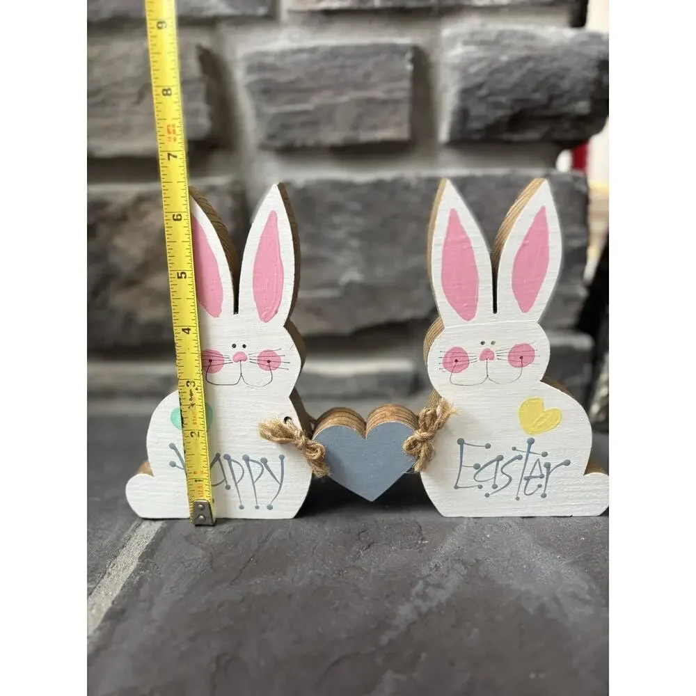 “Happy Easter” Bunny Figures Hand Painted Wood Cottagecore Vintage Cute